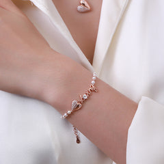 Zircon Heart with LOVING Letter Beading Pearl Silver Bracelet for Women