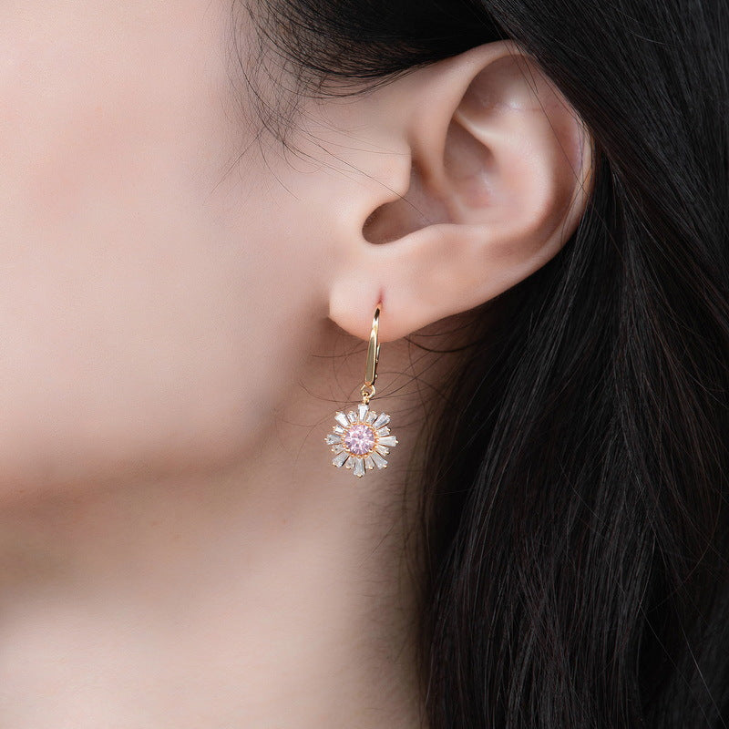 Zircon Pink Sun Flower Pendant Sterling Silver Drop Earrings