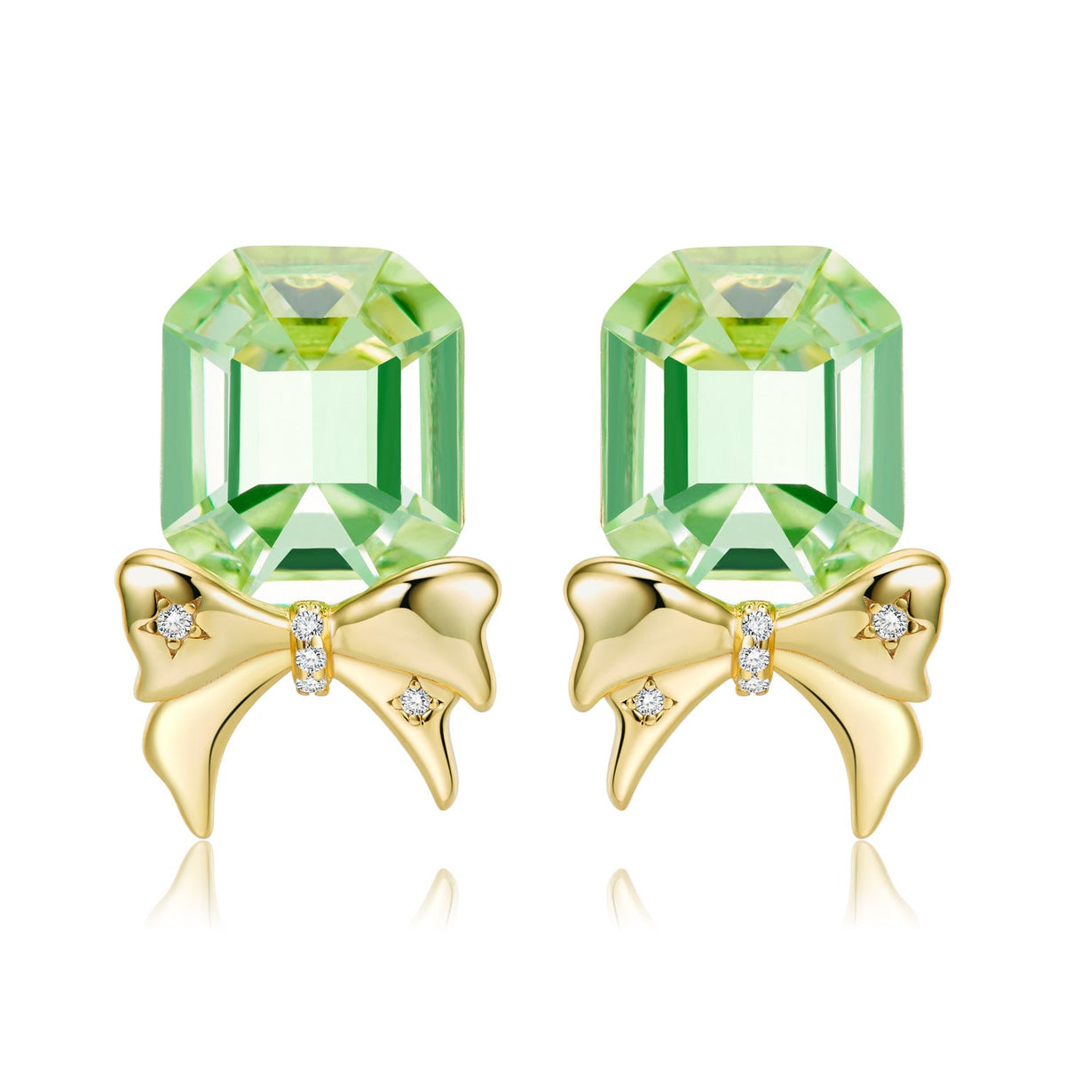Asscher Cut Green Zircon Golden Bow Silver Stud Earrings