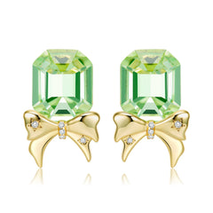 Asscher Cut Green Zircon Golden Bow Silver Stud Earrings