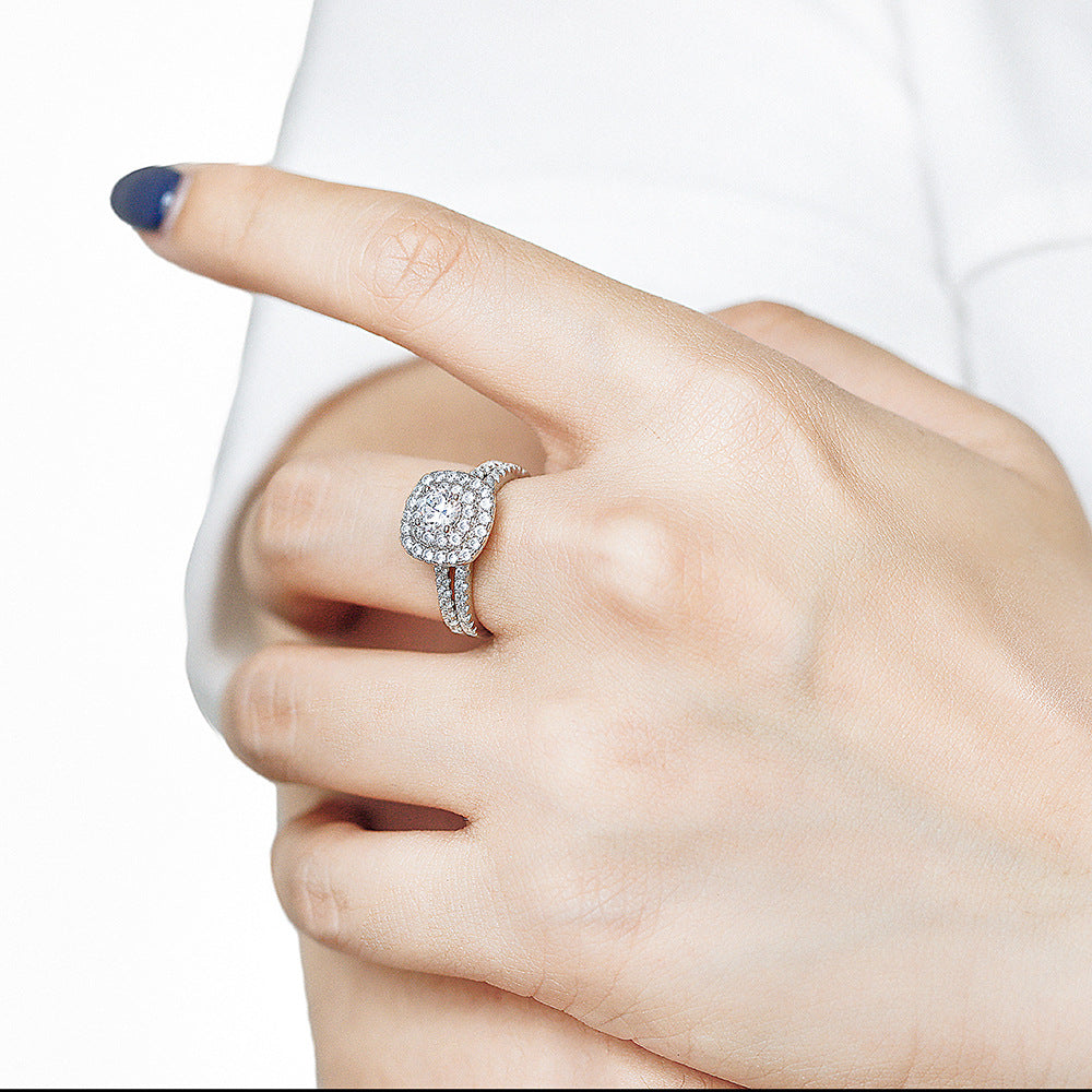 Round Zircon Double Square Soleste Halo with Half Eternity Silver Ring Set