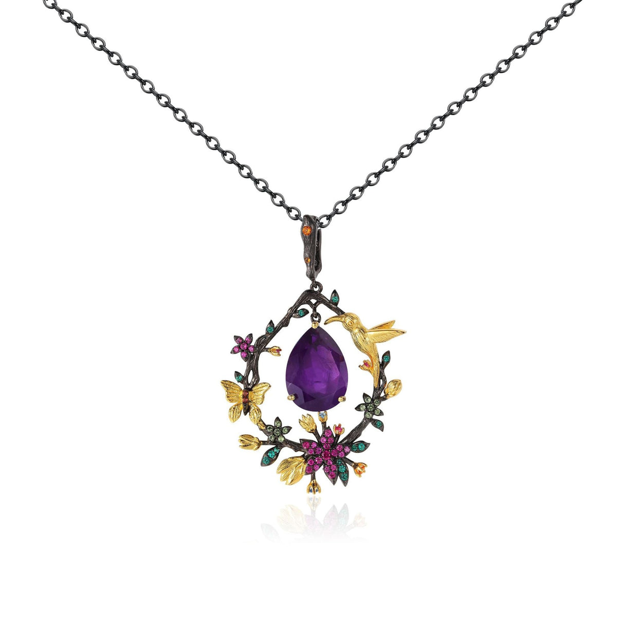 Natural Colorful Gemstone Spring on The Branch with Bird Pendant Silver Necklace for Women