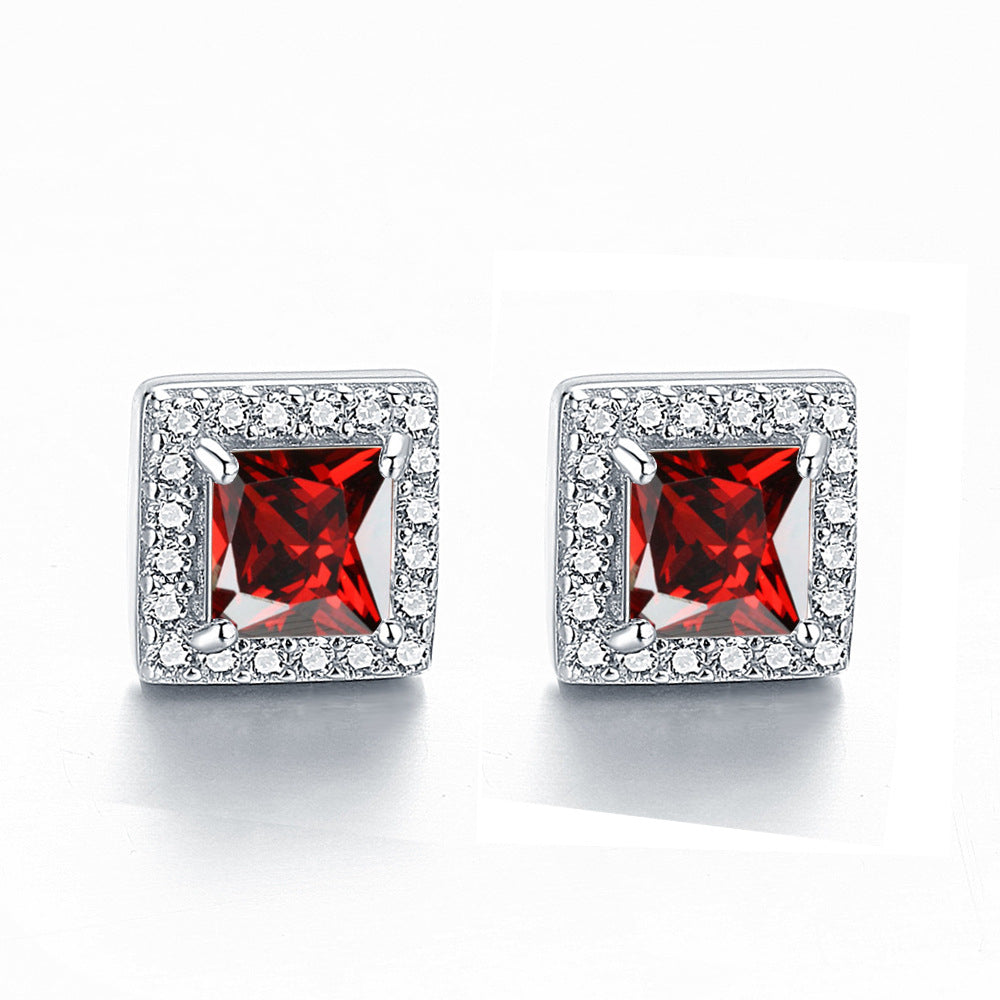Square Zircon Soleste Halo Silver Studs Earrings for Women