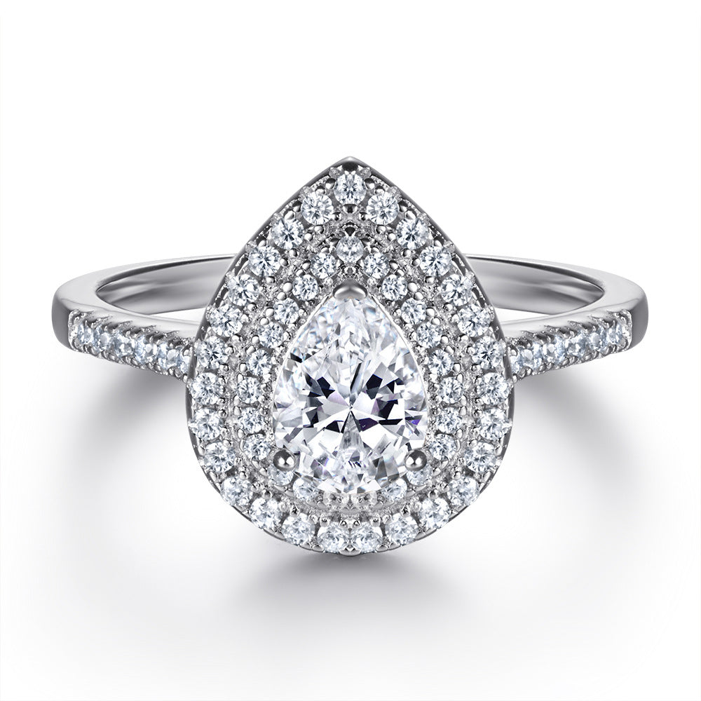 Pear Drop Zircon Double Soleste Halo Silver Ring