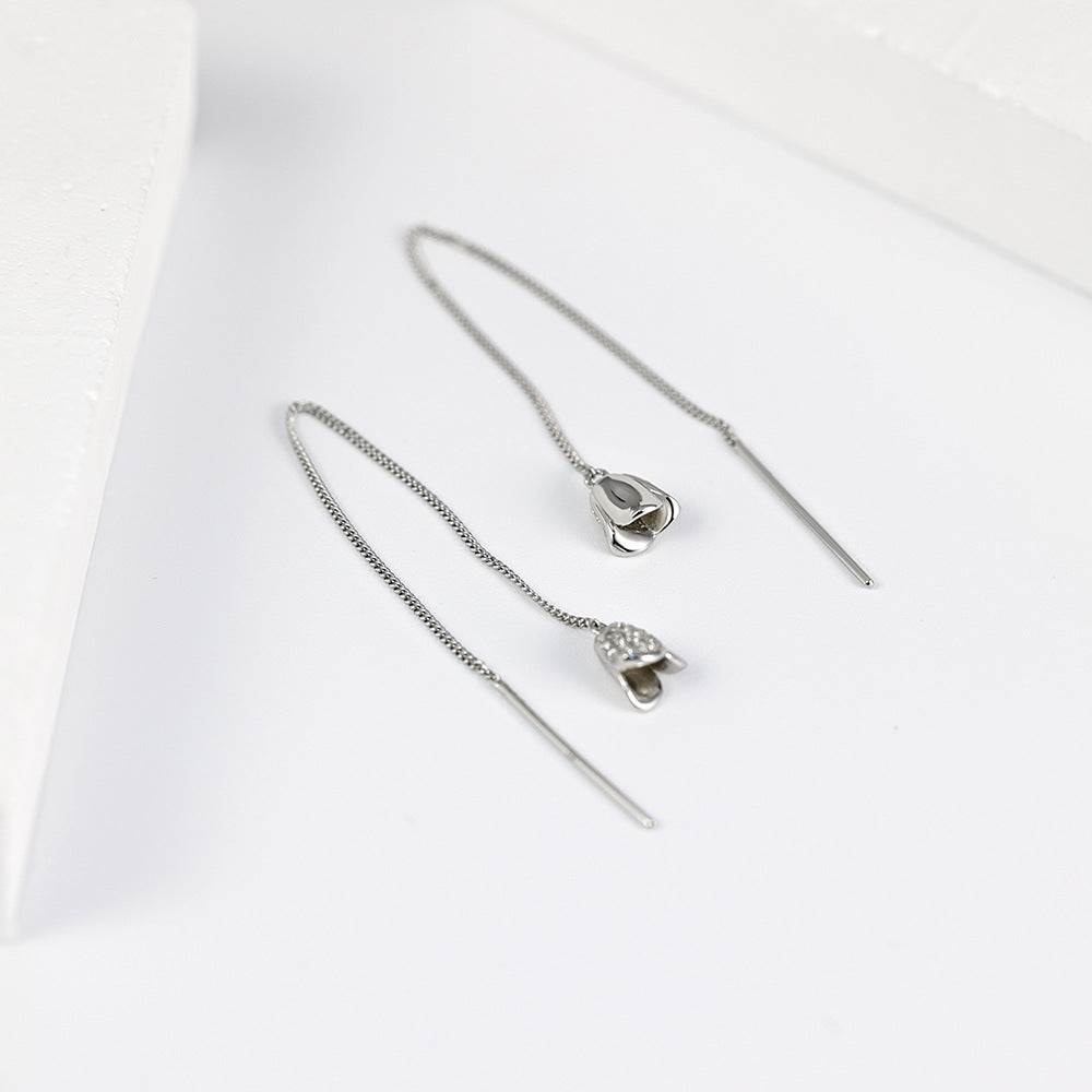 Zircon Flower Tassels Ear Line Silver Drop Earrings for Women