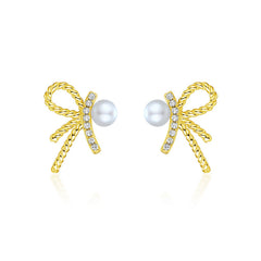 Zircon Bow with Pearl Silver Studs Earrings for Women