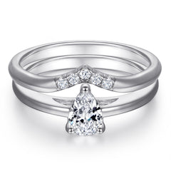 Pear Drop Zircon Solitaire V-shape Silver Ring Set