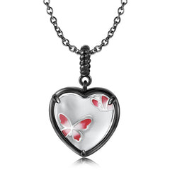 Butterfly Imprint Heart Shape Pendant Silver Necklace