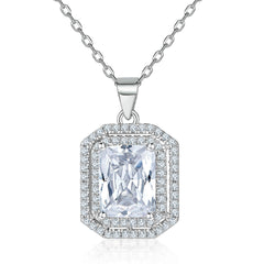 Rectangular Zircon Soleste Halo Pendant Silver Necklace for Women