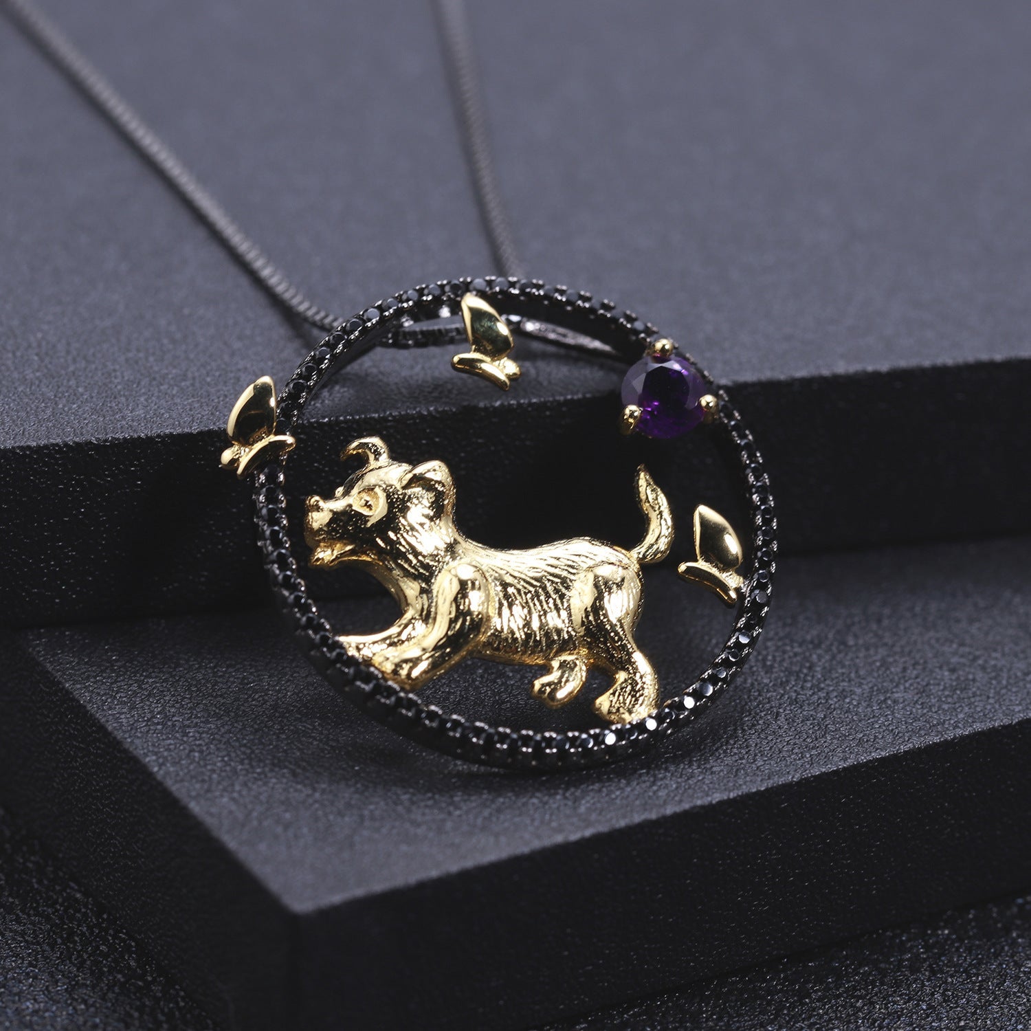 Chinese Style Element Design Zodiac Series Dog Natural Gemstone Pendant Silver Necklace for Women