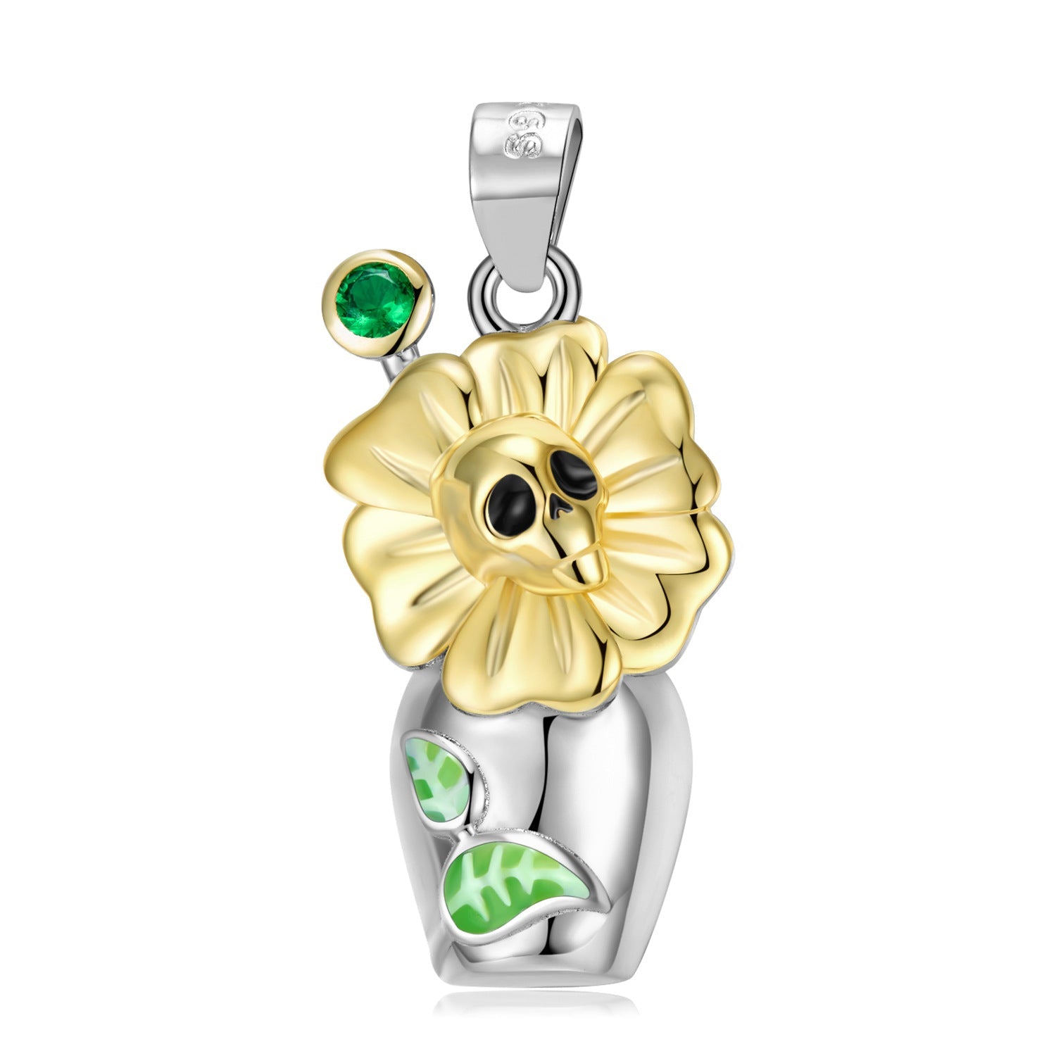 Halloween Skull  Flower Vase with Green Zircon Silver Necklace