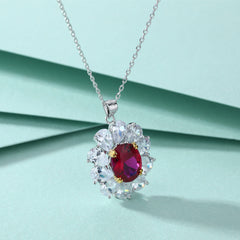 Oval Red Zircon Flower Shape Pendant Silver Necklace for Women