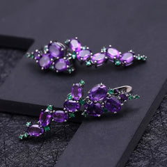 Italian Style Inlaid Natural Amethyst Beading Design Silver Drop Earrings for Women