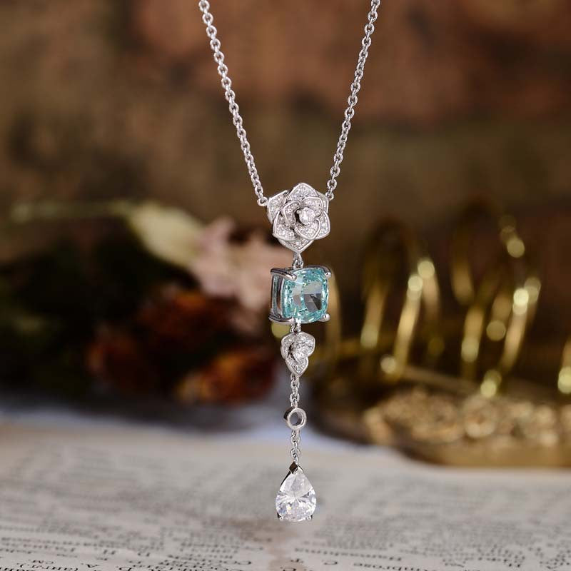 Square Lake Blue Zircon Camellia Tassel Necklace