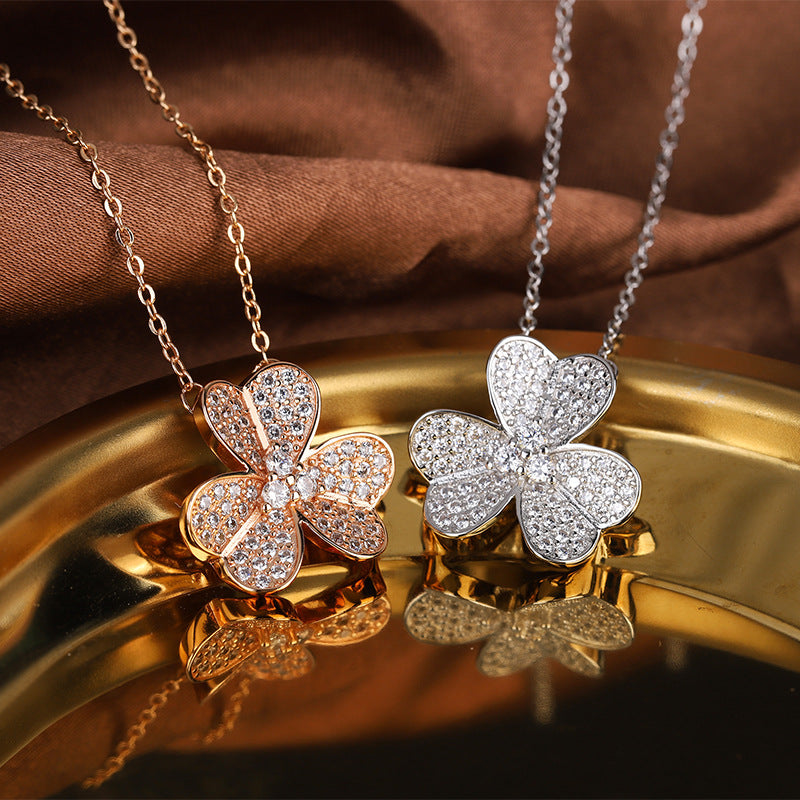 Zircon Clover Pendant Silver Necklace for Women