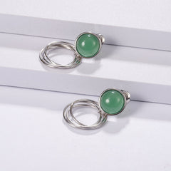 Green Agate Geometric Circle Silver Drop Earrings for Women