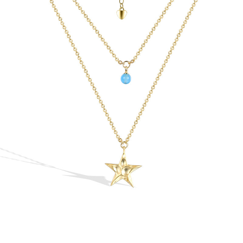 Star with Blue Bead Double Layers Silver Necklace for Women