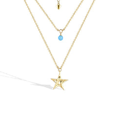 Star with Blue Bead Double Layers Silver Necklace for Women