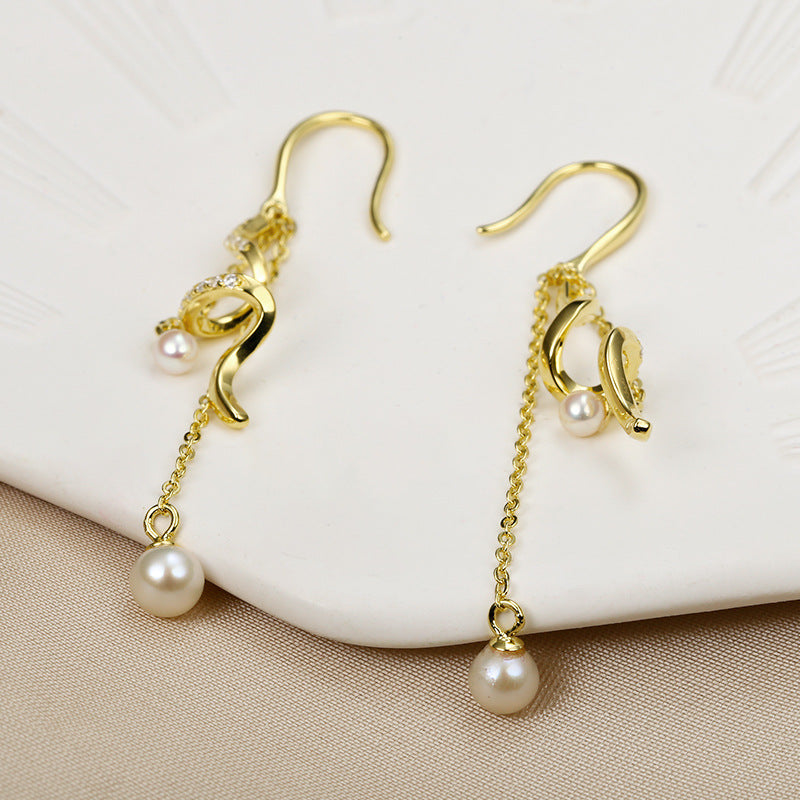 Irregular Spiral Tassel with Pearl Silver Drop Earrings for Women