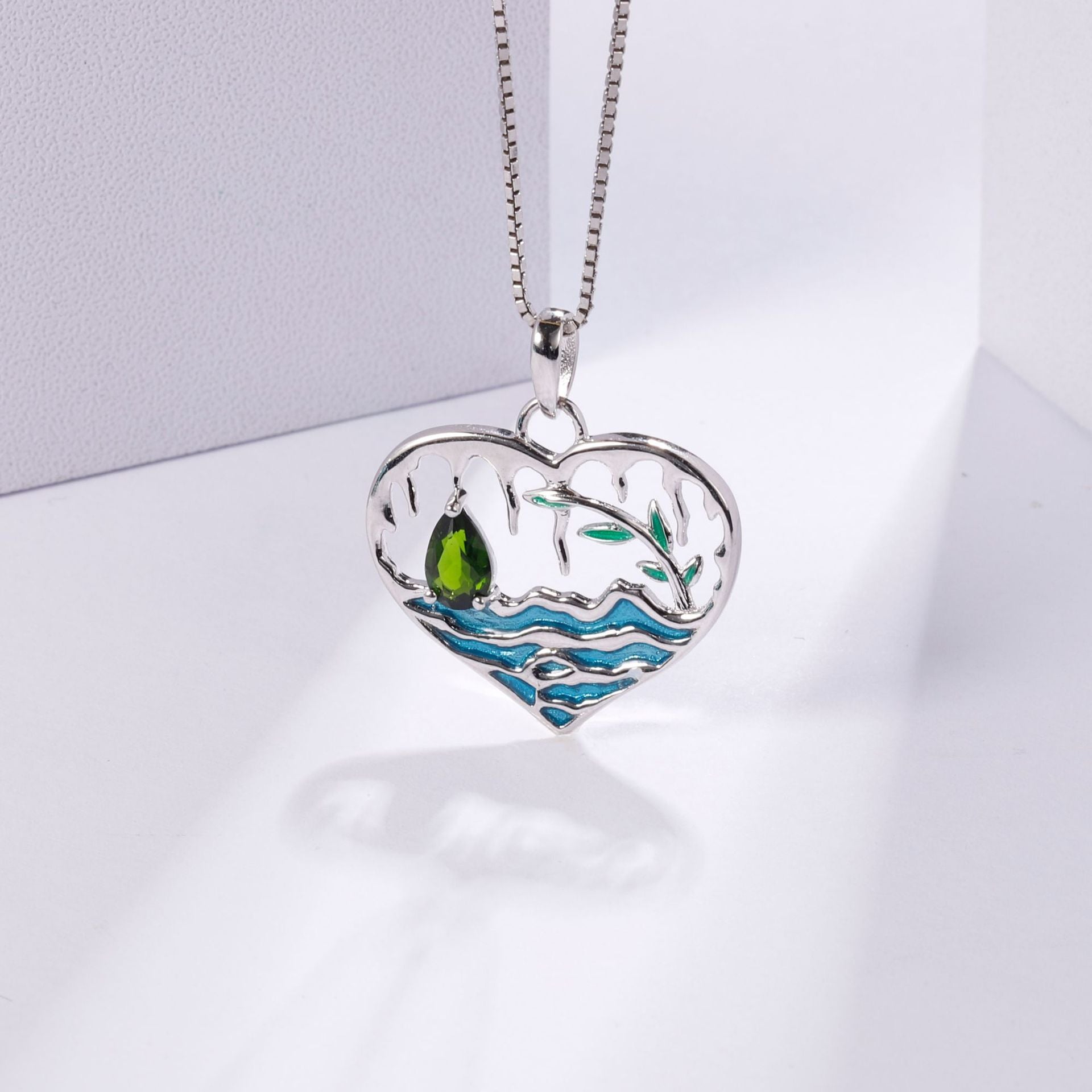 Natural Colourful Gemstone Enamel Lake In The Heart Pendant Silver Necklace for Women