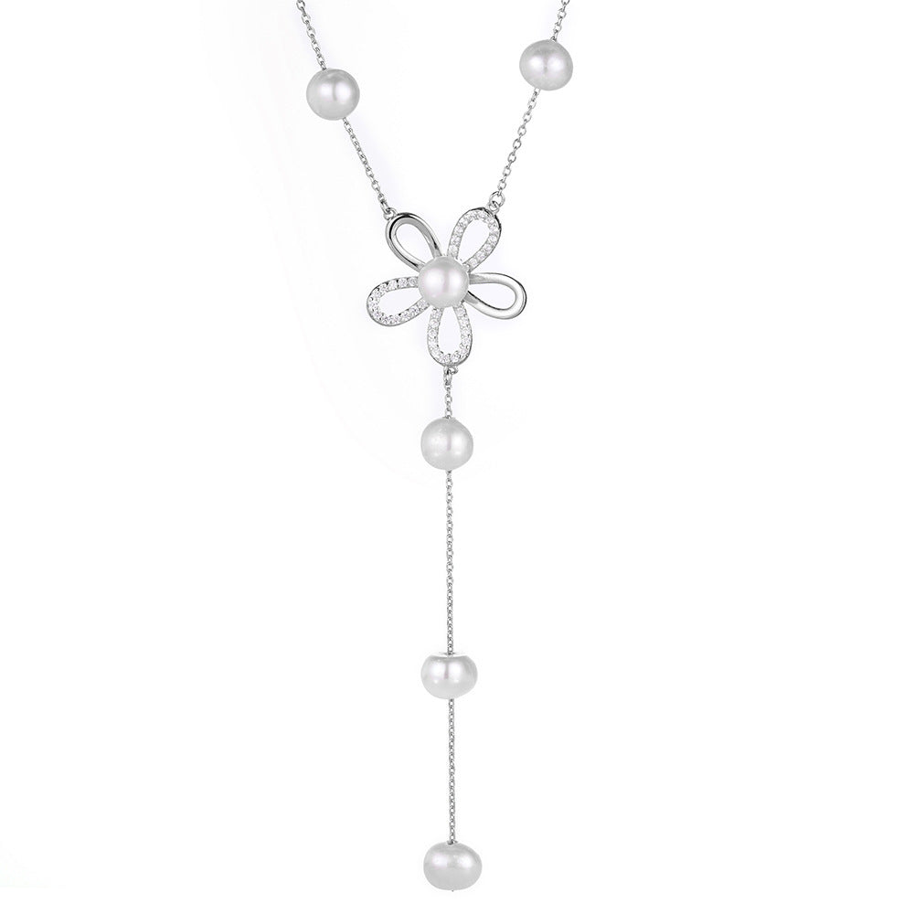 (Two Colours) White Zircon Flower with Natural Pearl Beading Tassles Necklace for Women