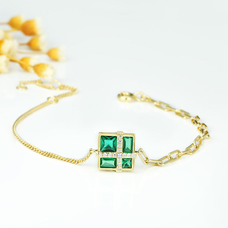 Square Green Zircon Two Style Chain Silver Bracelet for Women