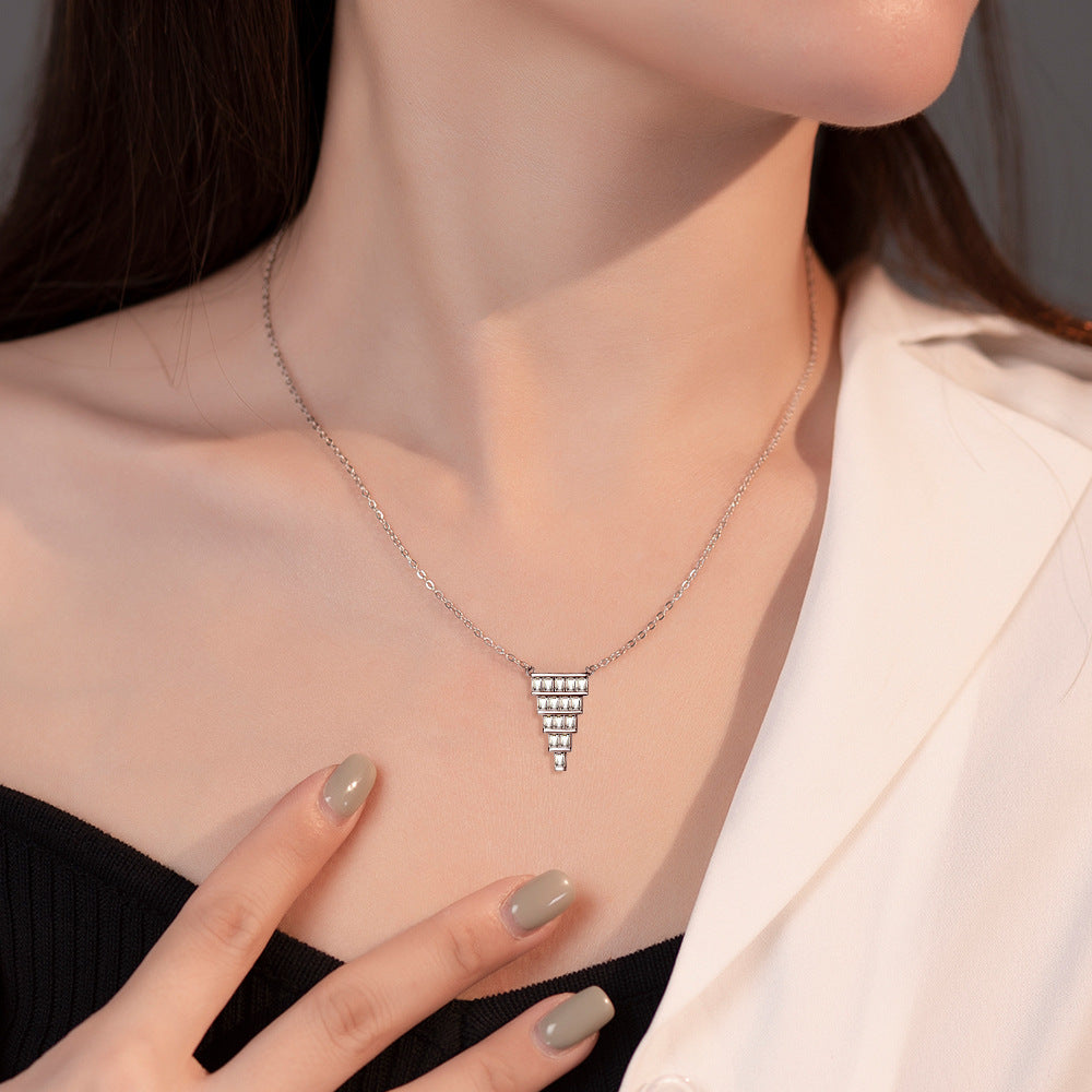 Rectangle Zircon Cake Shape Pendant Silver Necklace for Women