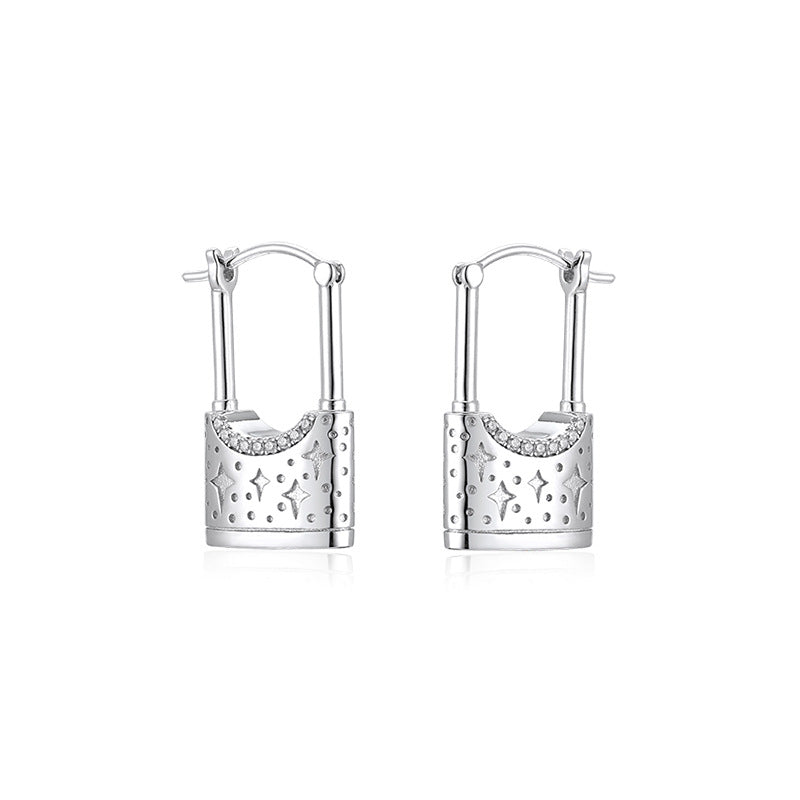 Star Pattern Lock with Zircon Silver Drop Earrings for Women