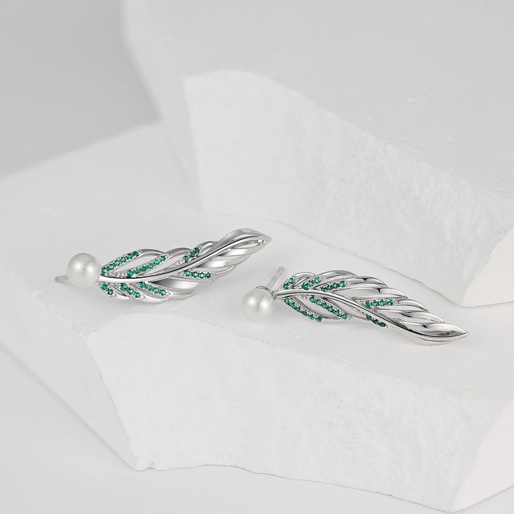 Green Zircon Feather with Freshwater Pearl Silver Drop Earrings for Women