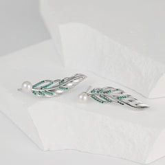 Green Zircon Feather with Freshwater Pearl Silver Drop Earrings for Women