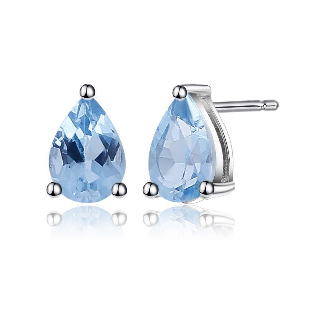 Solitaire Pear Shape Natural Gemstone Silver Stud Earrings