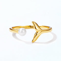 Mermaid Tail Round Pearl Opening Sterling Silver Ring