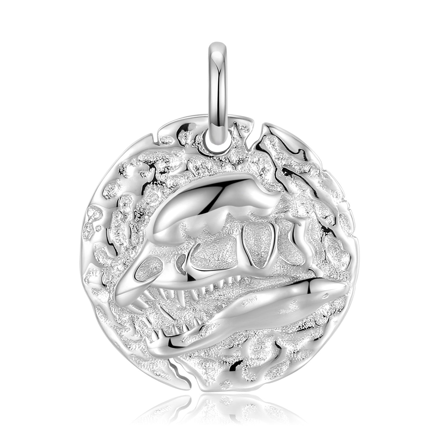 Velociraptor Embossed Round Disc Pendant Silver Necklace