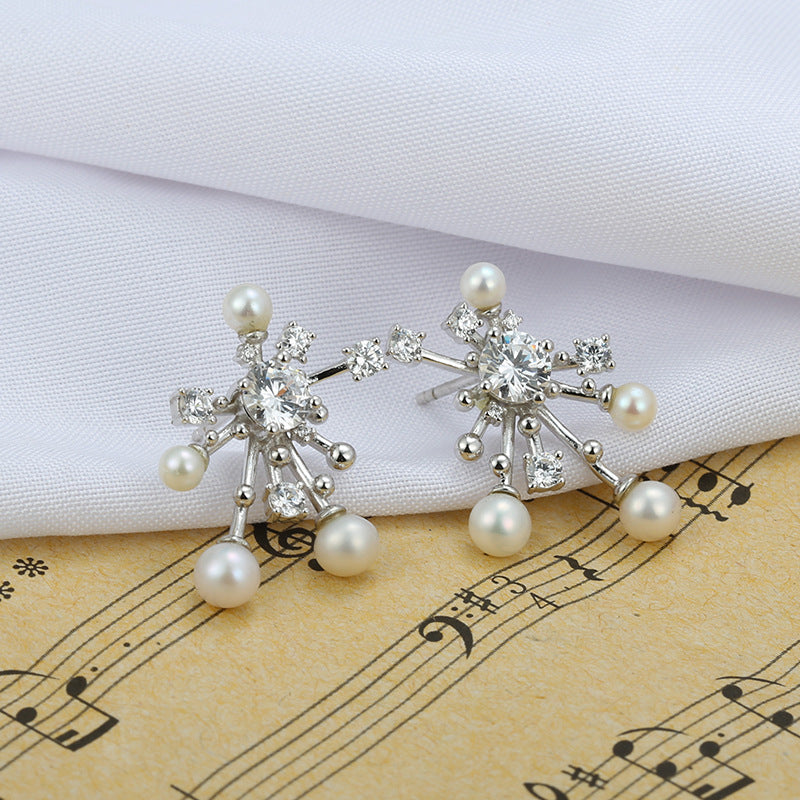 Natural Pearl Fireworks with Zircon Silver Studs Earrings for Women