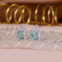 Green Zircon 9*11mm Rectangle Ice Cut Half Annular Petals Silver Studs Earrings for Women