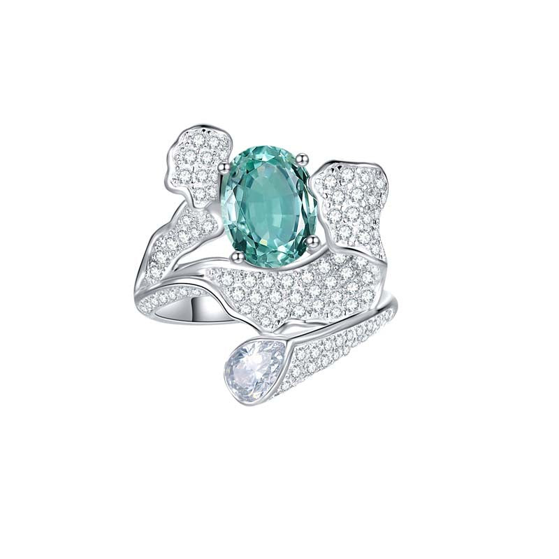 Oval Cut Green Zircon Waves Silver Ring