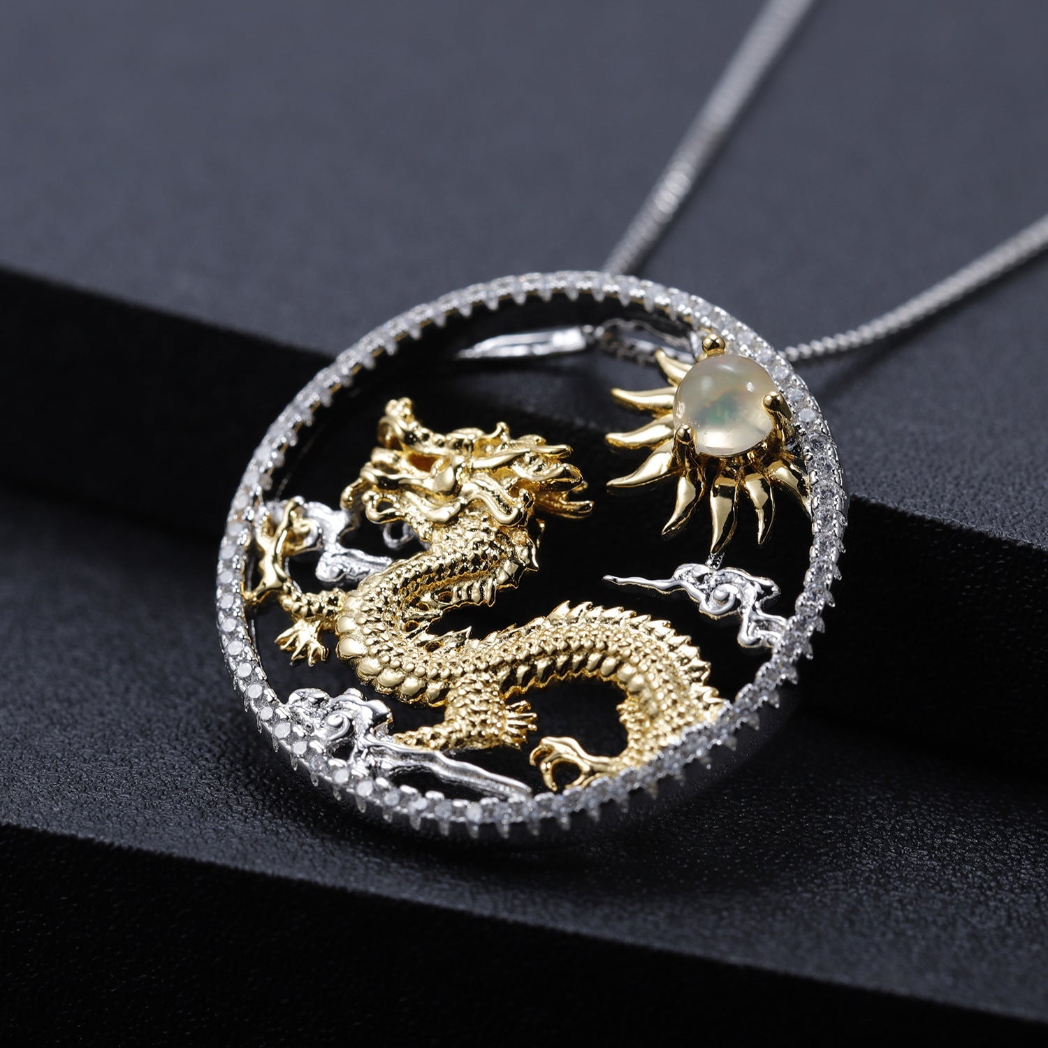 Chinese Style Element Design Zodiac Series Dragon Natural Gemstone Pendant Silver Necklace for Women