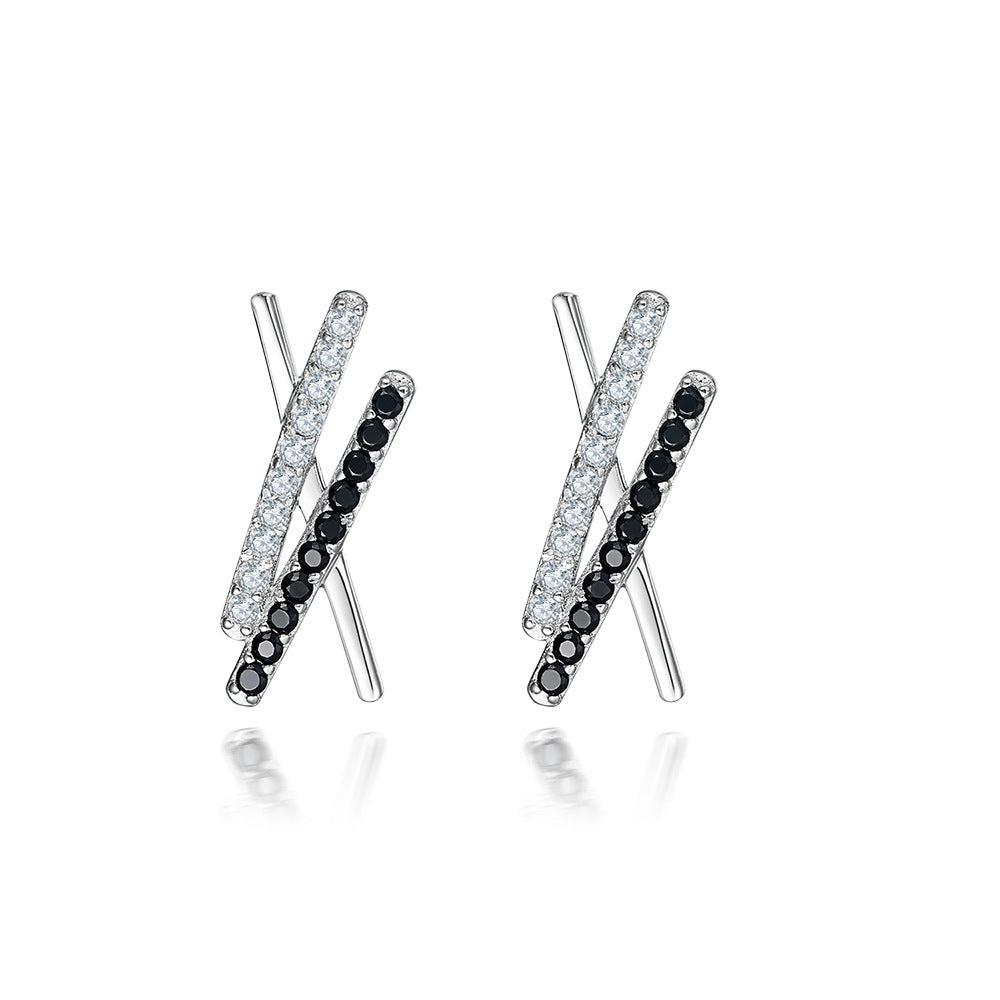 Irregular X with Black Zircon Silver Studs Earrings for Women