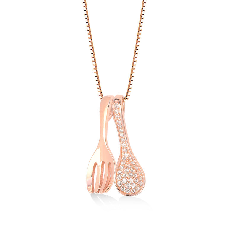 Small Fork and Zircon Spoon Silver Necklace for Women