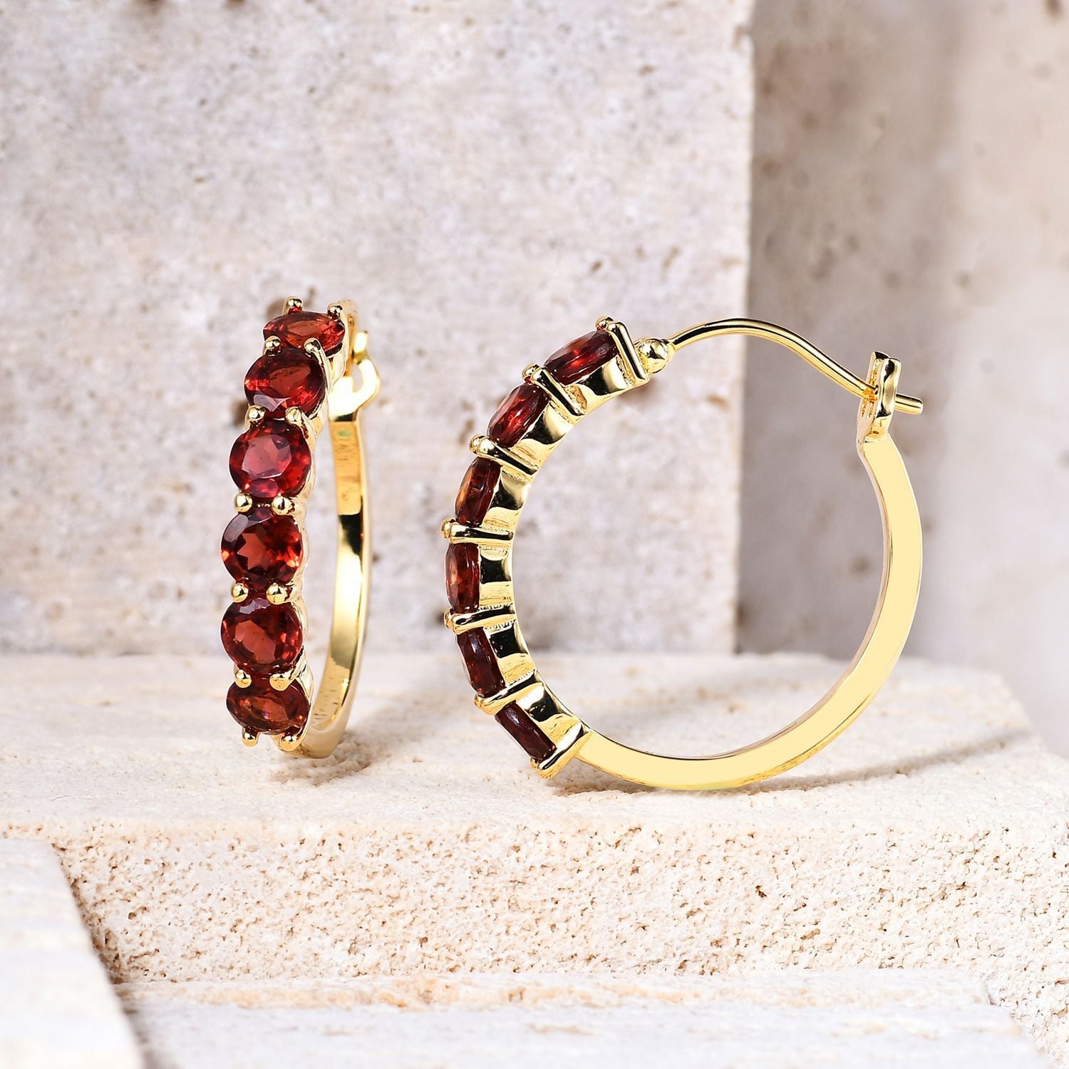 Natural Garnet Light Luxury Design Silver Plated 14k Gold Hoops for Women