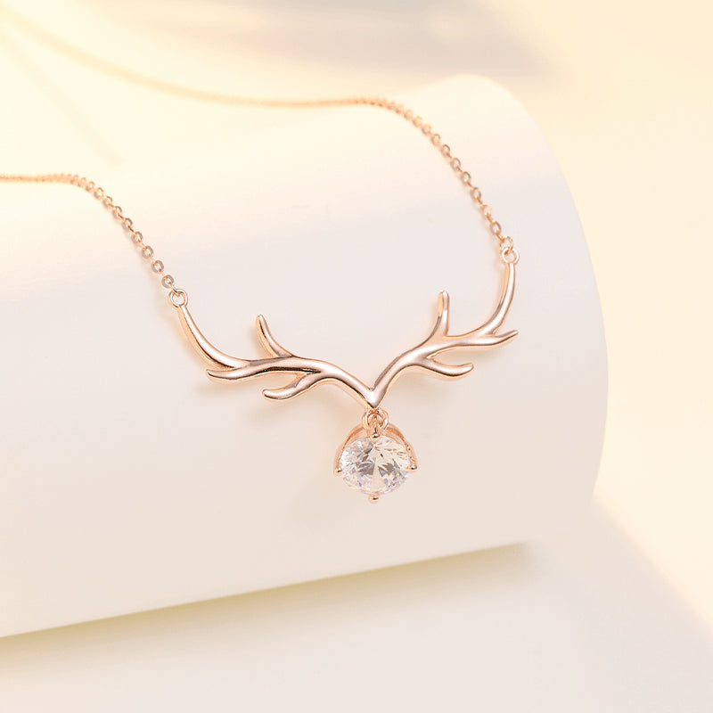 Round Zircon Elk Horn Pendant Silver Necklace for Women