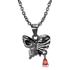 Halloween Butterfly Skull Skeleton with Pear Shape Red Zircon Silver Necklace