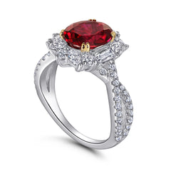 (2CT) Ice Cut Oval Red Zircon Modern Split Shank Silver Ring for Women