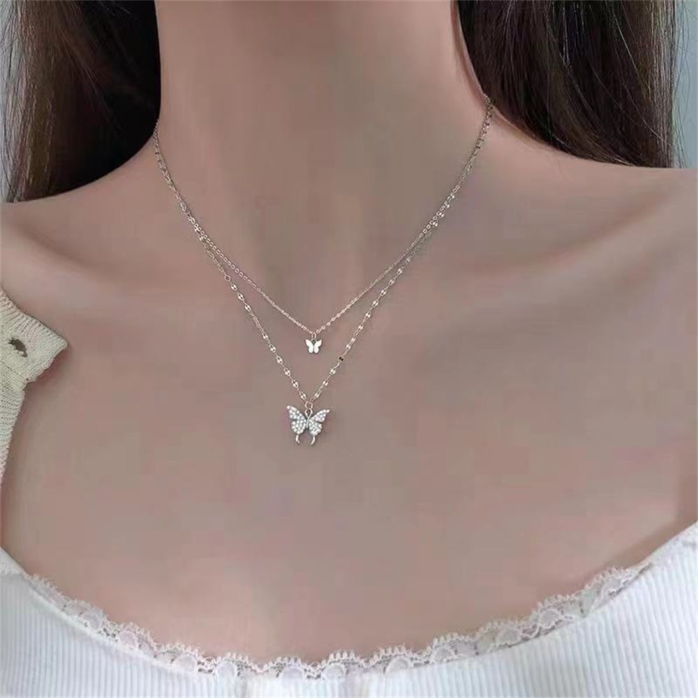 (Two Colours) White Zircon Two-ply Butterflies Pendants Collarbone Necklace for Women