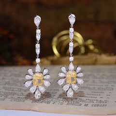 Yellow Zircon 7*9mm Rectangle Ice Cut with Chain Annular Petals Silver Drop Earrings for Women