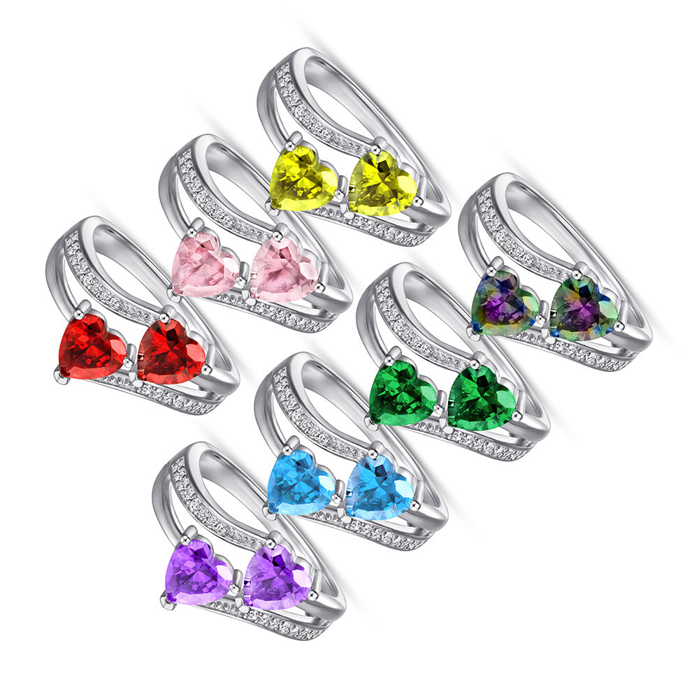 Colourful Two Heart Zircon Modern Split Shank Silver Ring for Women