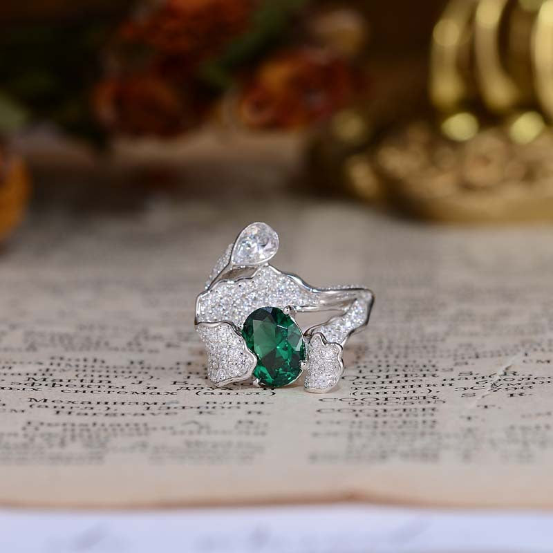 Oval Cut Lab Created Emerald Waves Silver Ring