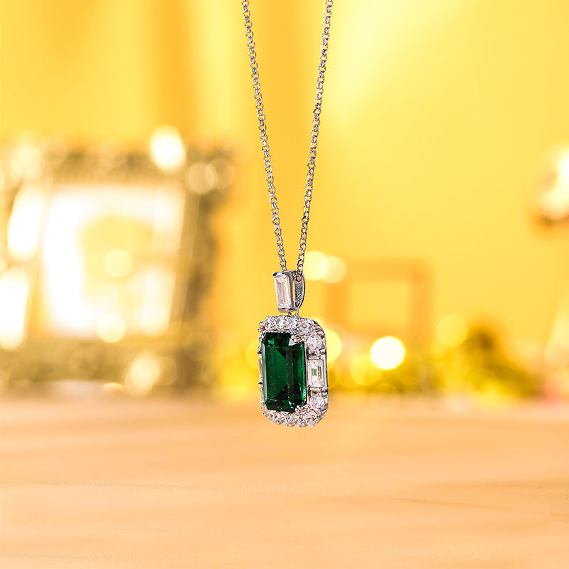 Halo 10 Carat Rectangle Synthetic Emerald Silver Necklace