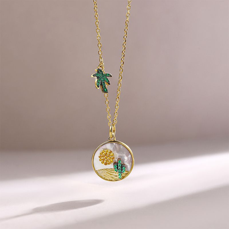 Cactus Circle Pendant Colourful Zircon Silver Necklace