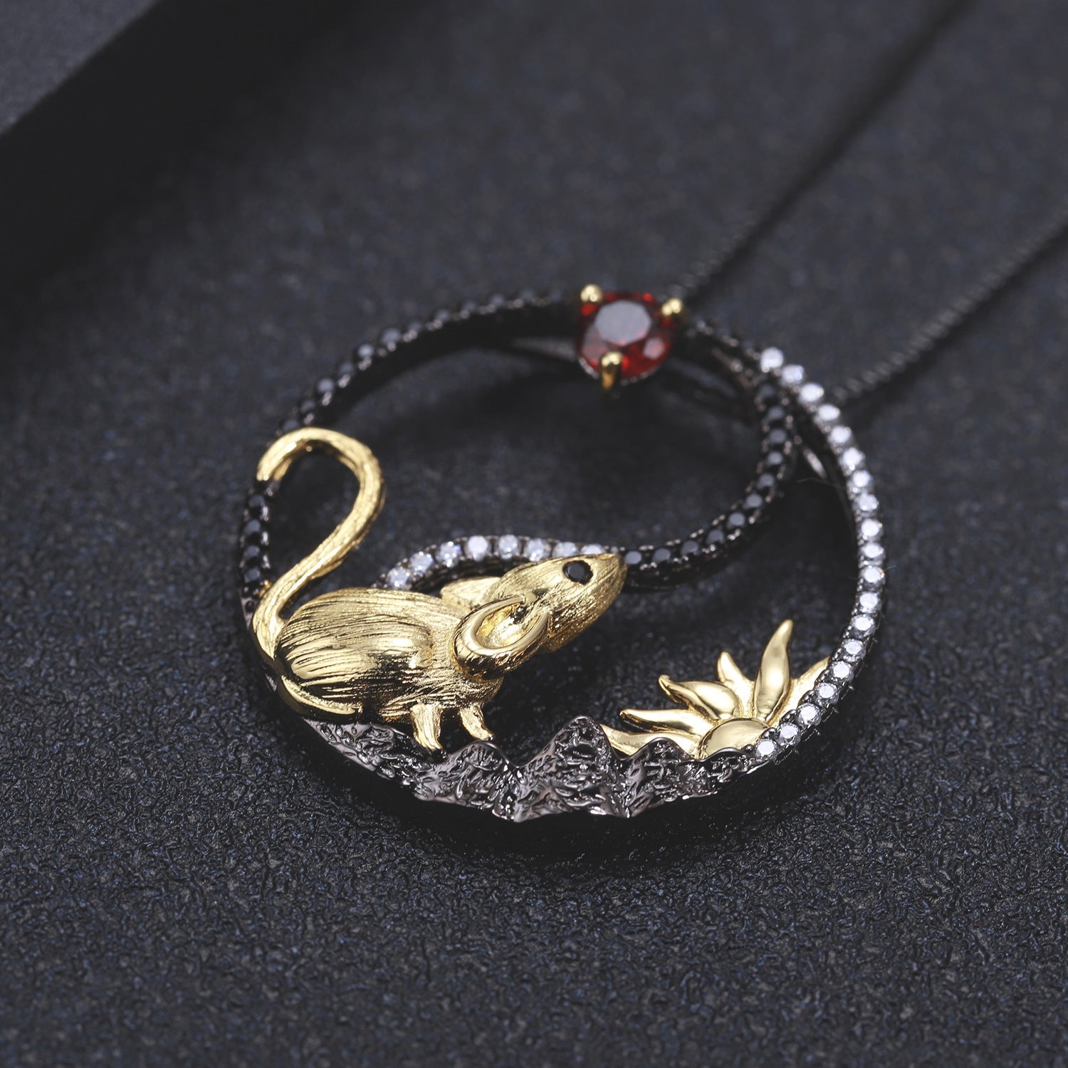 Chinese Style Element Design Zodiac Series Rat Natural Gemstone Pendant Silver Necklace for Women